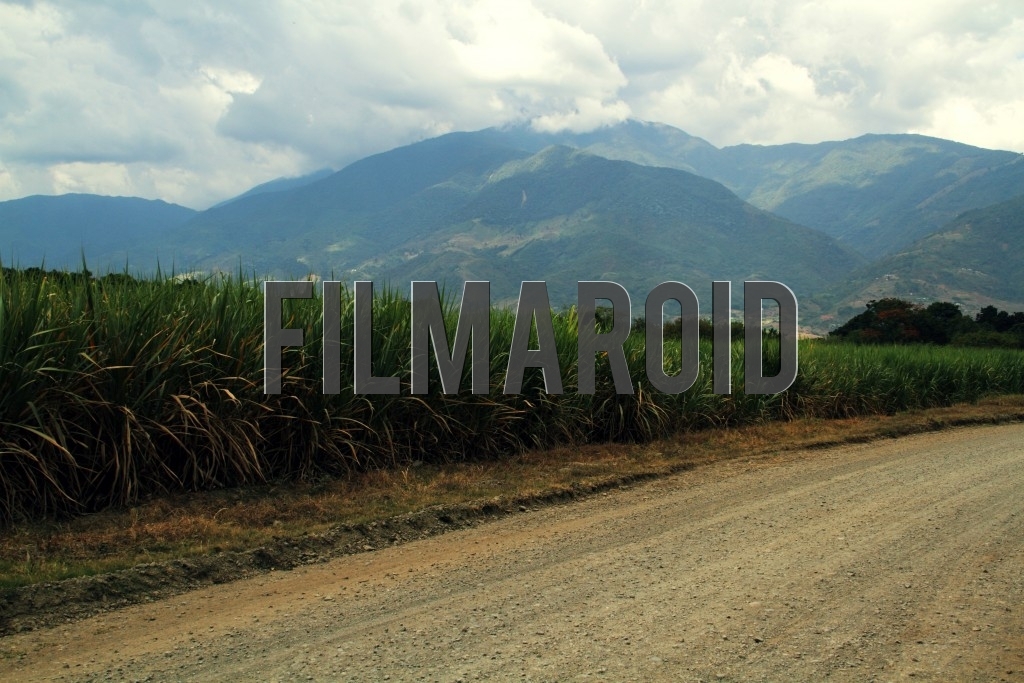Mountains and large clouds framed by vast meadows plantations and a dirt road in Valle del Cauca Region Colombia