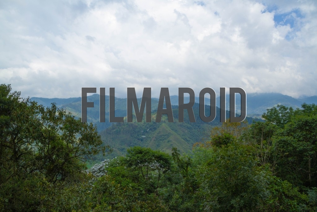 Beautiful exotic South American landscape with mountains framed by vegetation and a dramatic cloudy sky