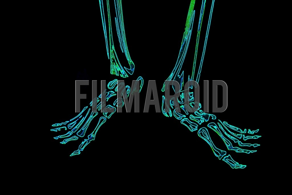 A pair of human feet bones with a colorful neon effect and details against a pitch black background