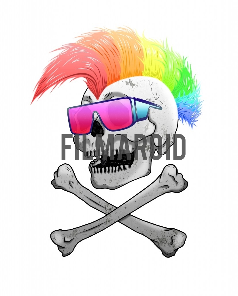 Cool illustration of a male skull with colorful mohawk and wearing funky sunglasses over crossedbones