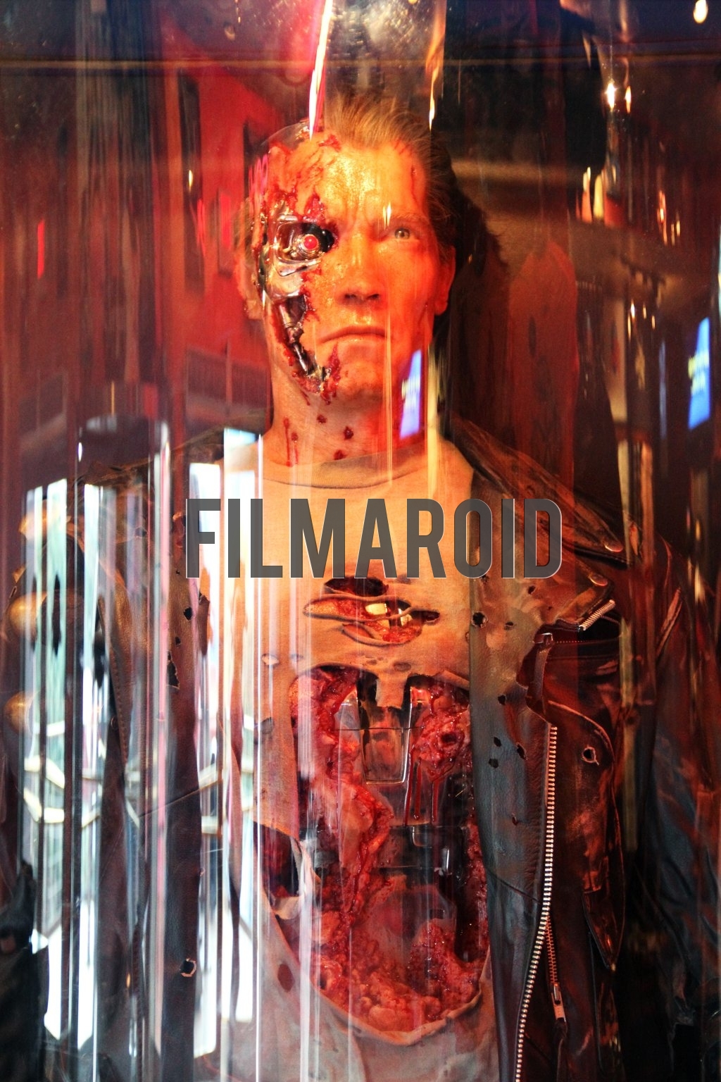 Detailed shot of Terminator after a violent battle with lots of gruesome wounds and blood stains