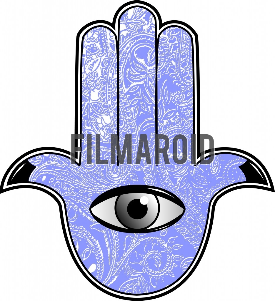 Beautiful egyptian or mesopotamian hamsa hand with open eye against indian mandala texture