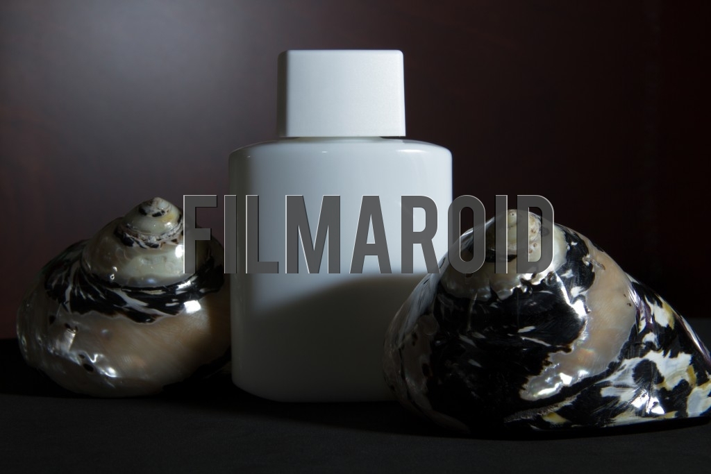 Set of seashells with a white lotion bottle Set of seashells with a white lotion bottle - Beautiful and stylish vintage white lotion bottle with a set of colorful shiny seashells against a wooden background